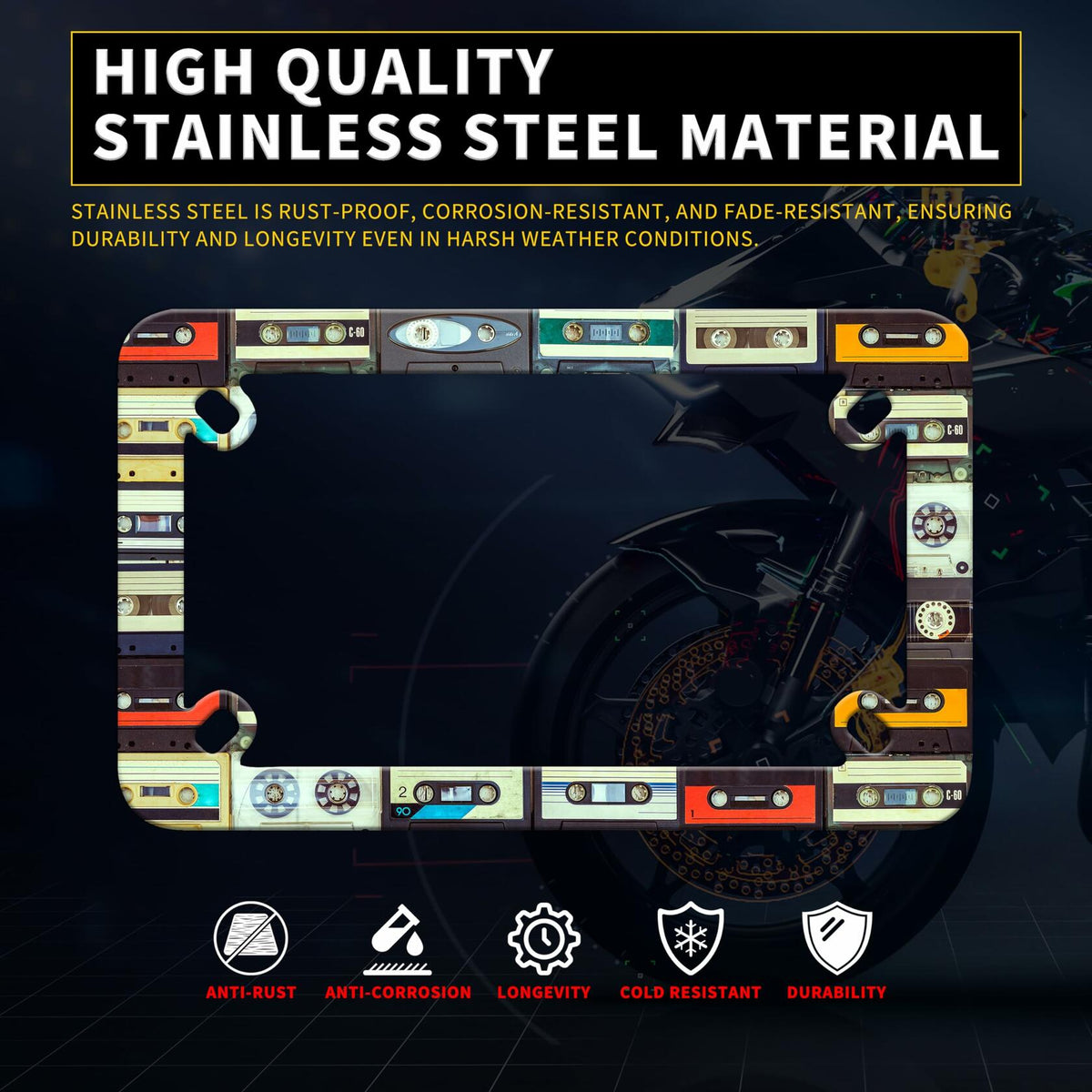 Motorcycle Cassette Tape License Plate Frame Stainless Steel 7x4 Inch