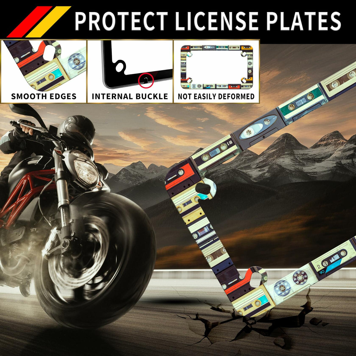 Motorcycle Cassette Tape License Plate Frame Stainless Steel 7x4 Inch