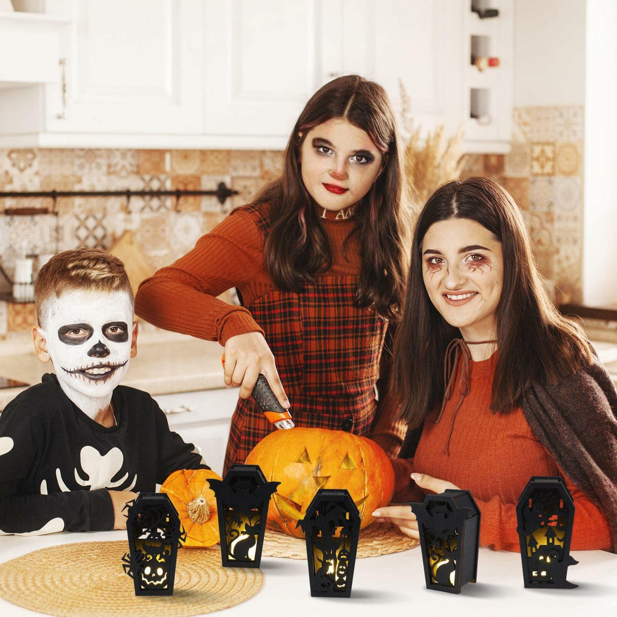 GlikCeil Halloween Wood Coffin Candle Holders 5 Pcs Black Gothic Decor