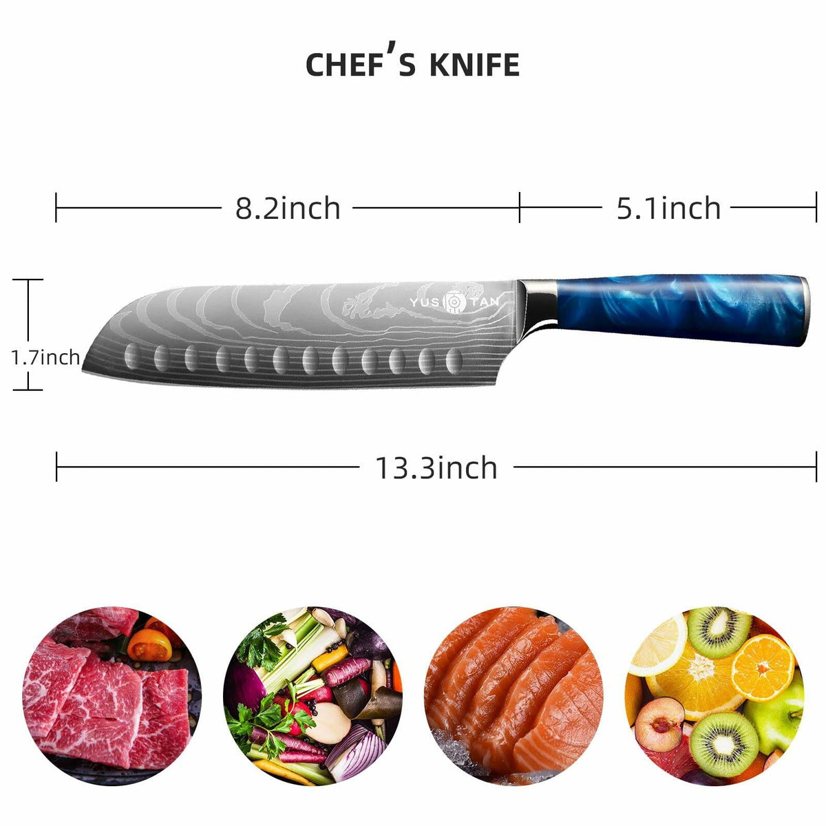 YUSOTAN 7" Japanese Santoku Knife Blue High Carbon Stainless Steel Blade