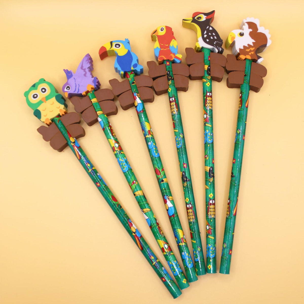 Colorful Bird Decorative Pencils with Erasers Set of 6, 0.35lb