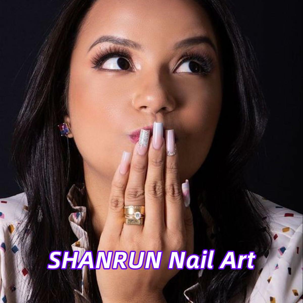 SHANRUN Pink Press On Nails Short Square Silver French 24 Pcs