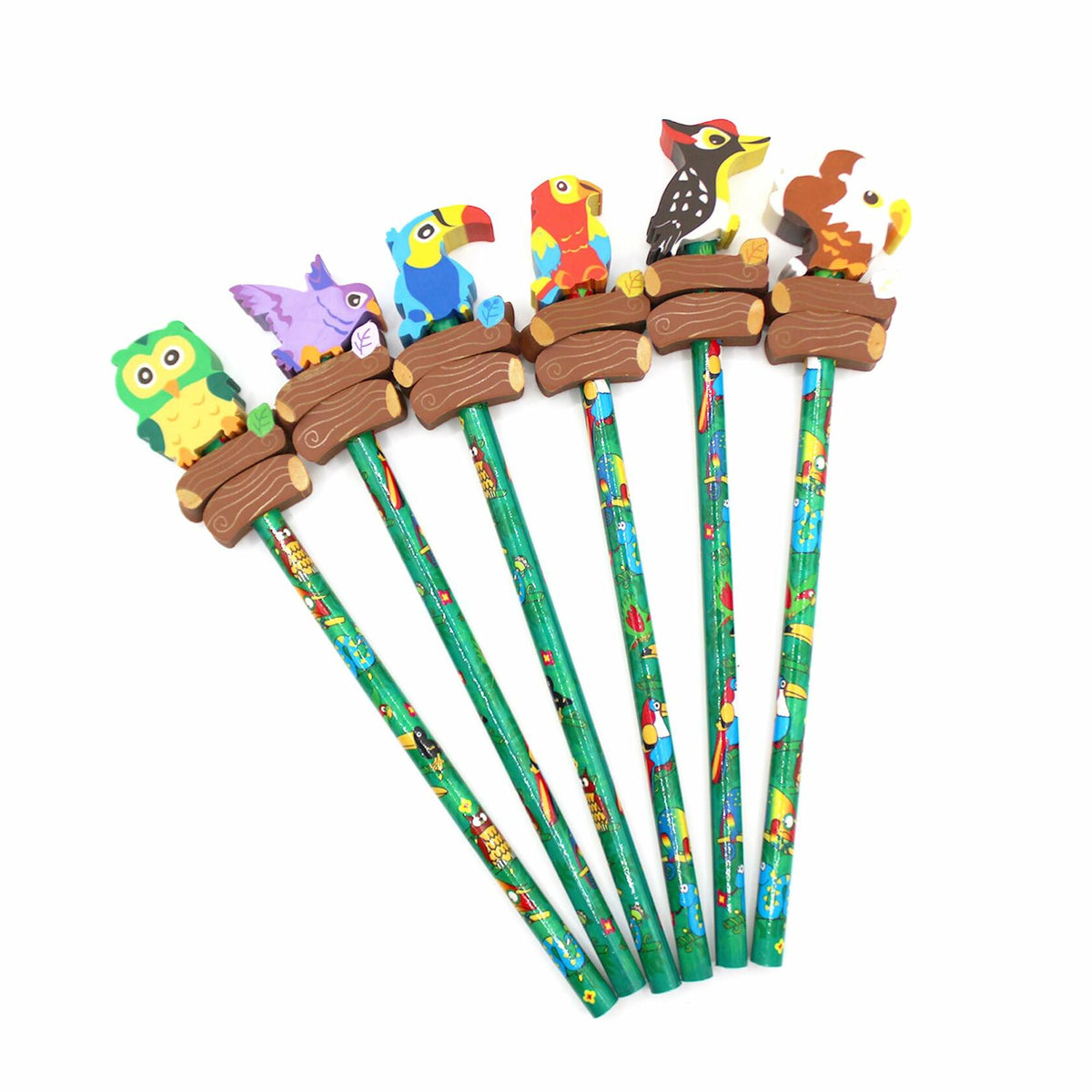 Colorful Bird Decorative Pencils with Erasers Set of 6, 0.35lb