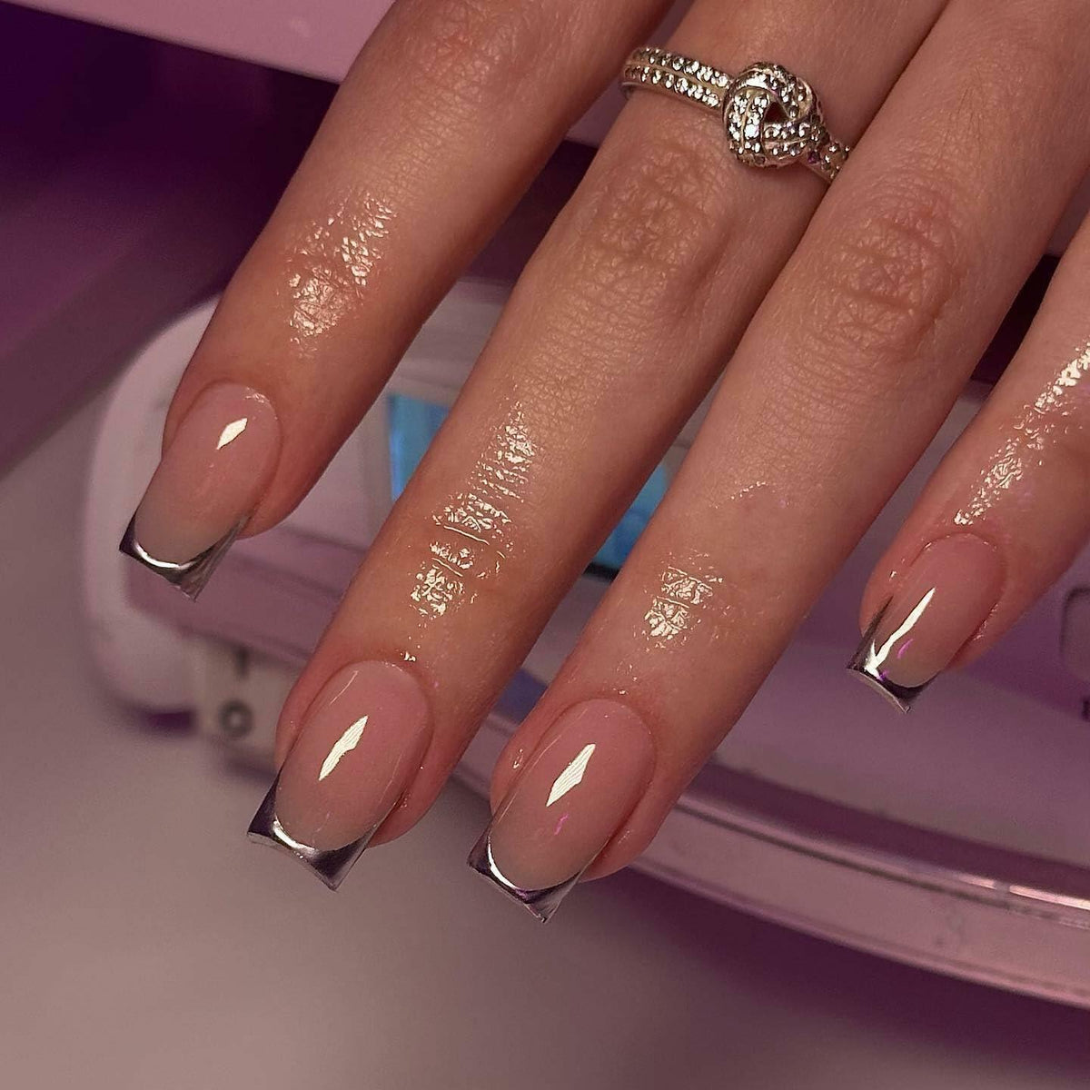 SHANRUN Pink Press On Nails Short Square Silver French 24 Pcs