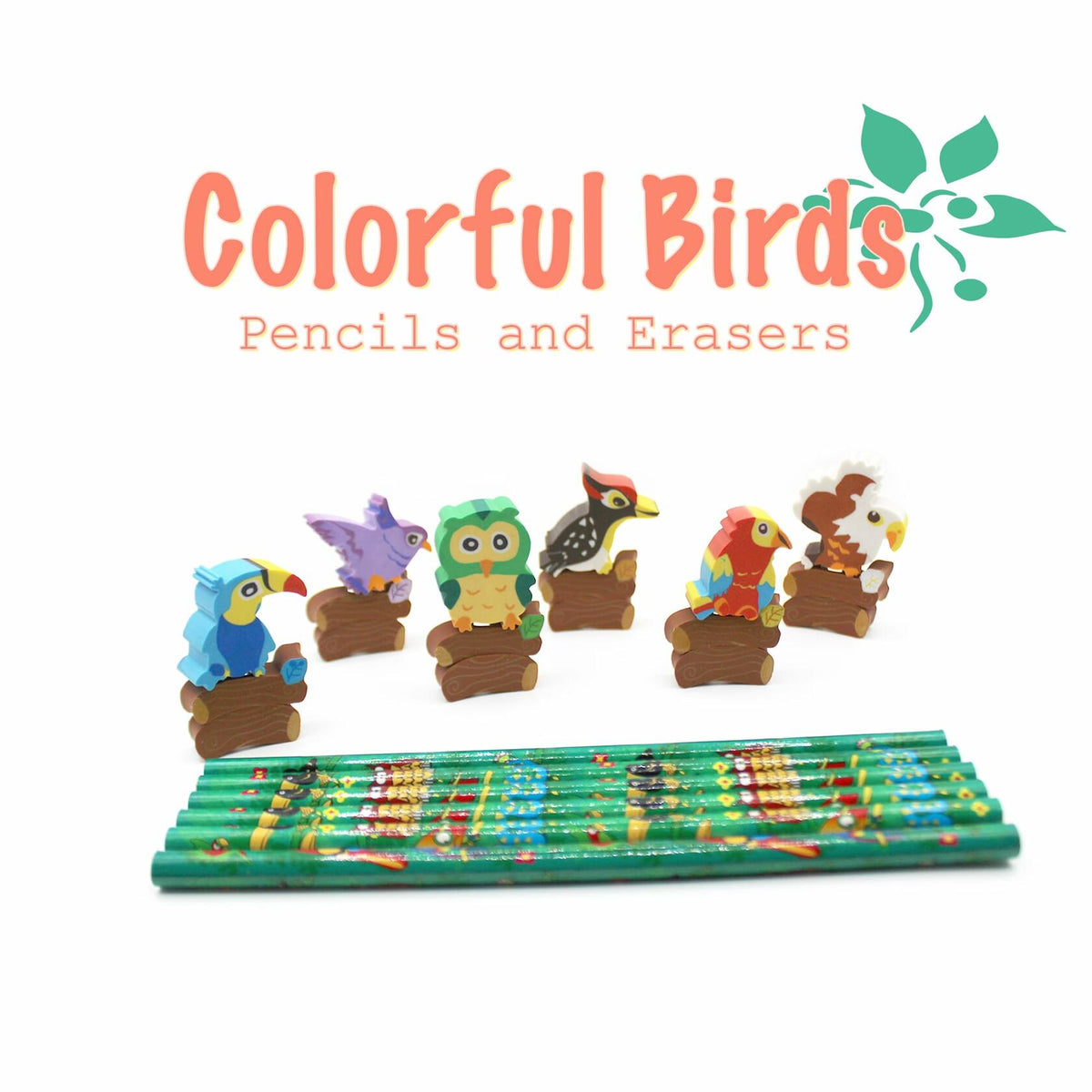 Colorful Bird Decorative Pencils with Erasers Set of 6, 0.35lb
