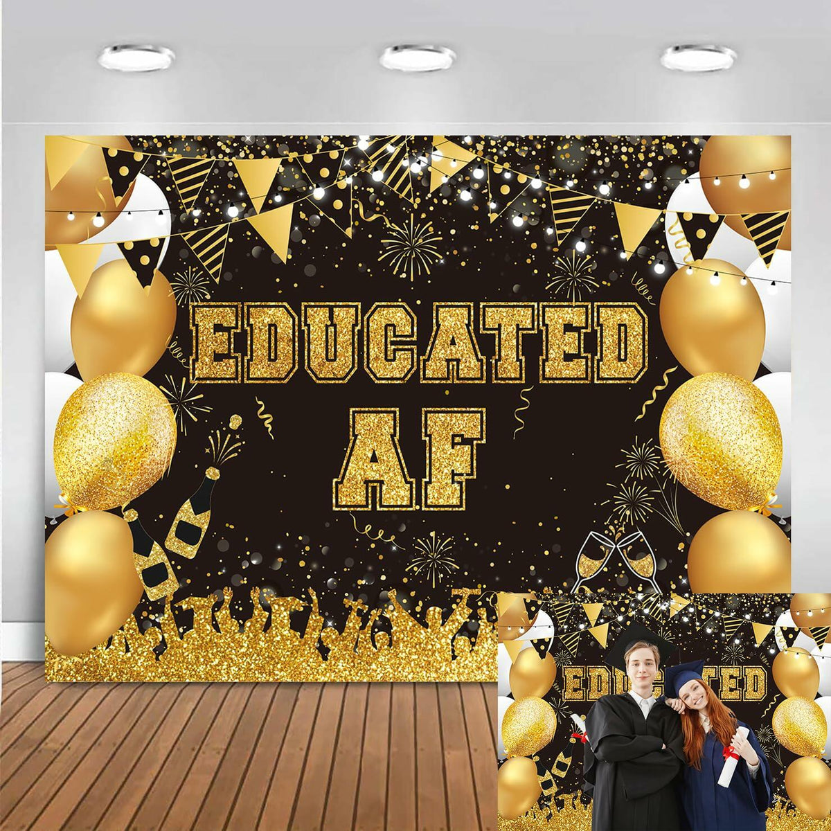 BUTEN Educated AF Graduation Banner 2025 Congrats Grad Black Gold 6x4FT