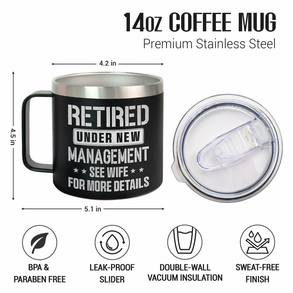 GAUDORA 14oz Stainless Steel Insulated Coffee Mug with Lid - Black Funny