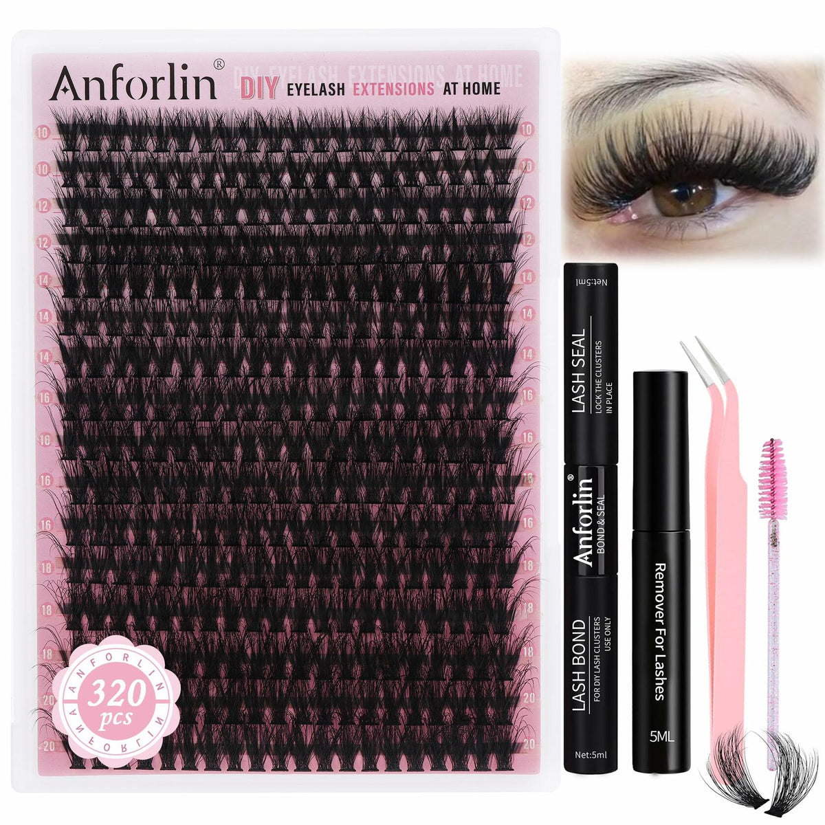Anforlin Eyelash Extension Kit 280pcs Thick Volume D Curl 14-22mm Black