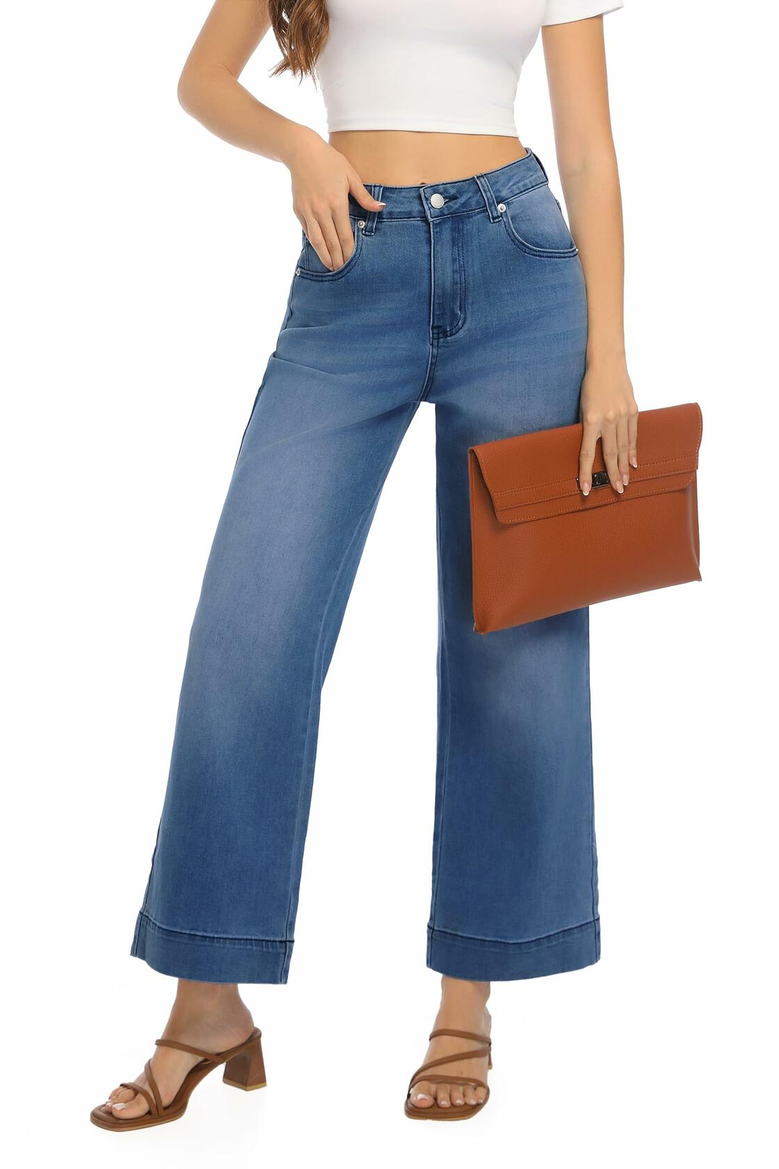 Guaile Womens High Waisted Stretchy Wide Leg Jeans Jean Blue Size 6