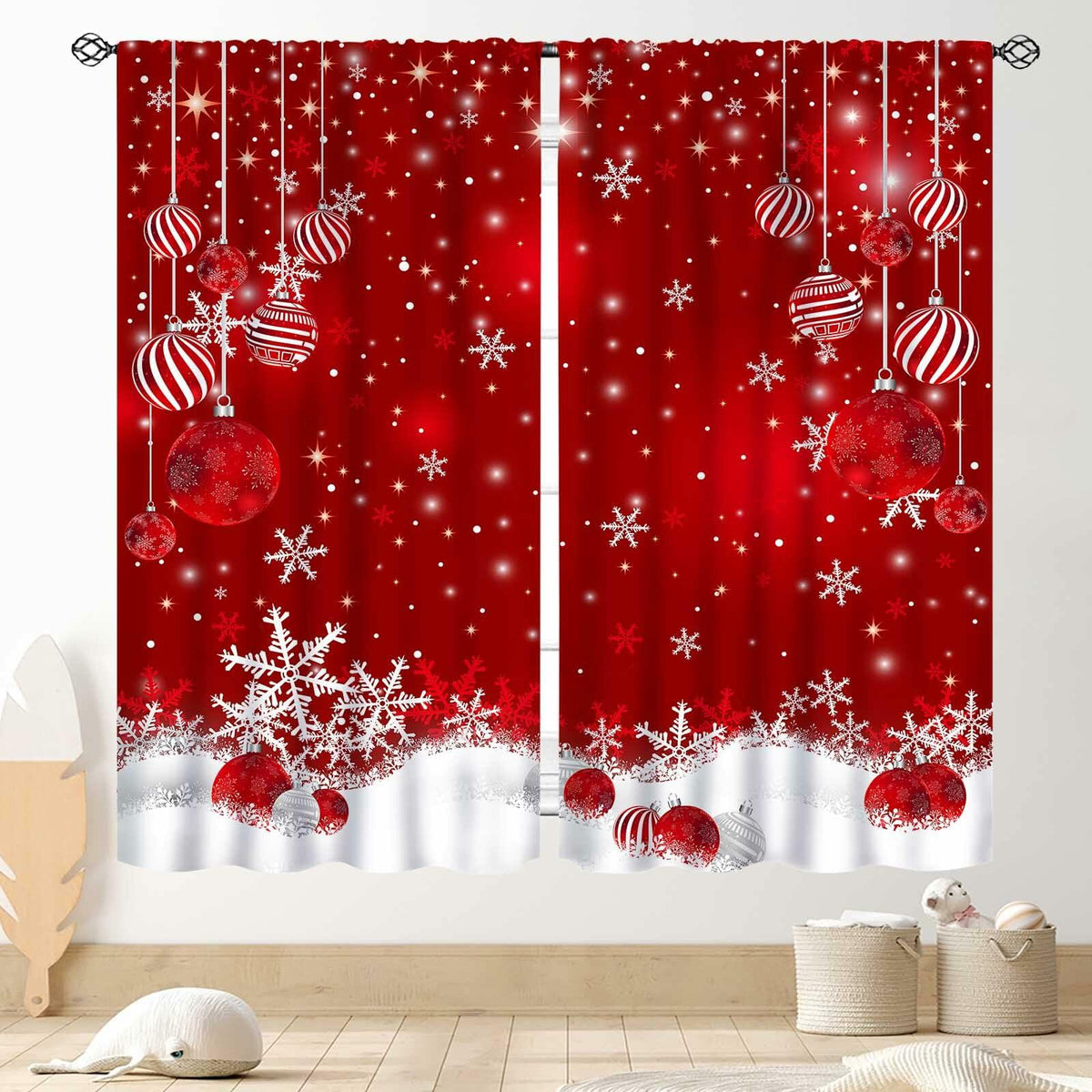 TKUYO Christmas Curtains Red White Snowflakes 2 Panels 42x45 Inch
