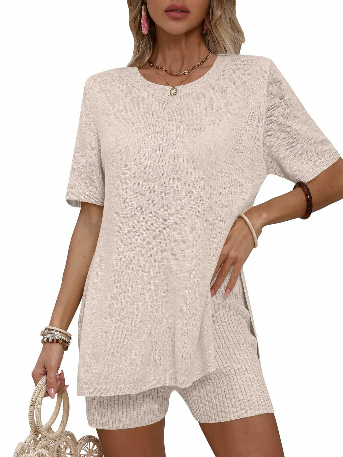 OUKODS Womens 2 Piece Summer Short Sleeve Top & Shorts Set Apricot Size S