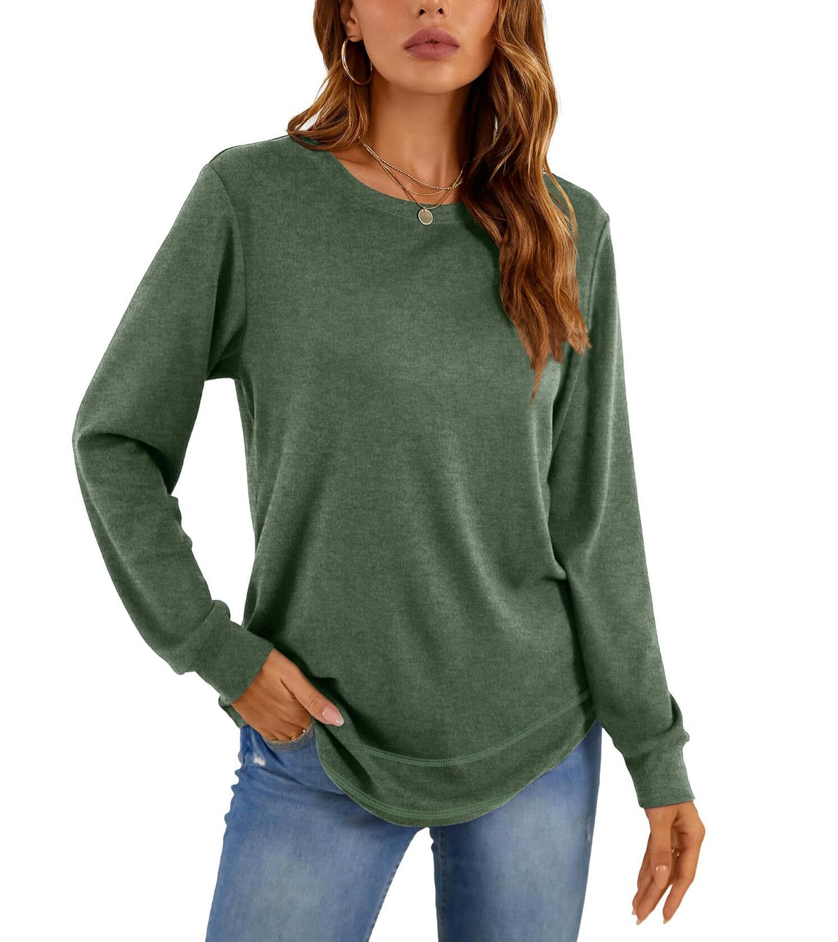 KUOTAI Womens Long Sleeve T Shirt Casual Blouse Tunic Green Size M
