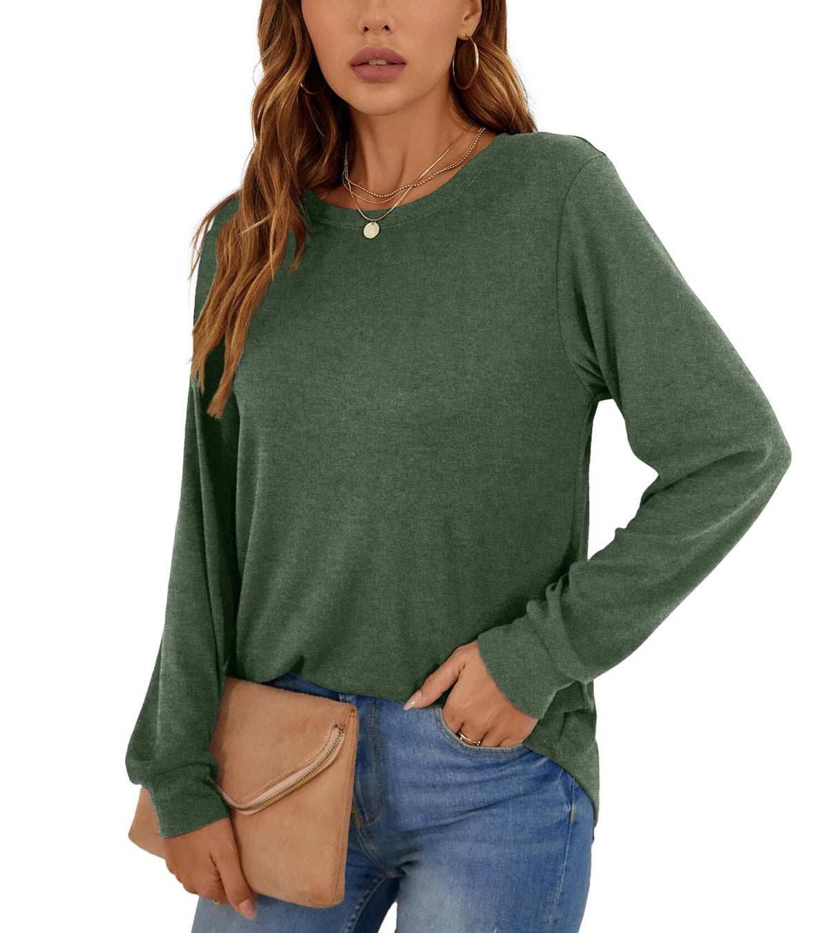 KUOTAI Womens Long Sleeve T Shirt Casual Blouse Tunic Green Size M