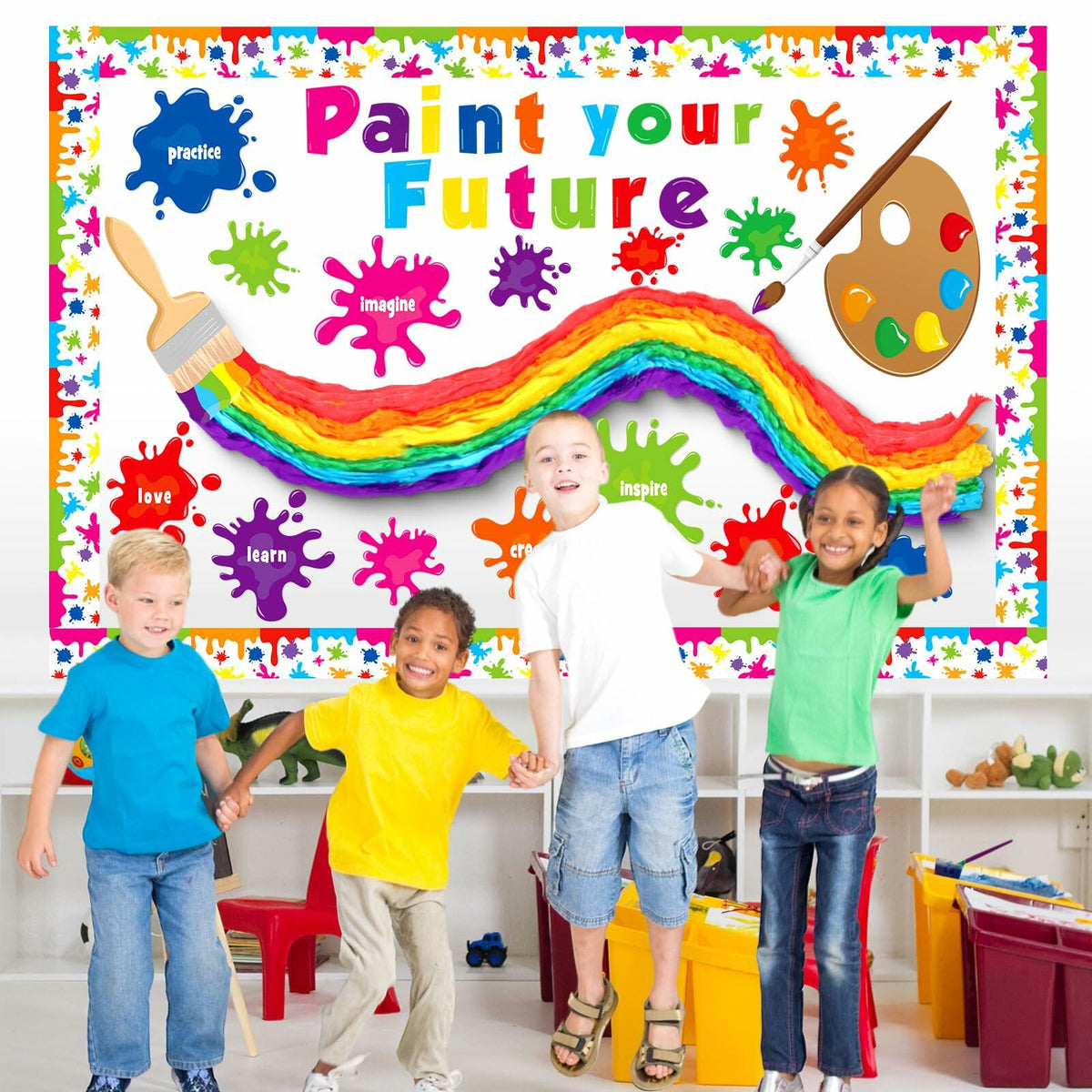 Pasimy 62 Pc 3D Colorful Rainbow Bulletin Board Set DIY Crepe Paper Rolls