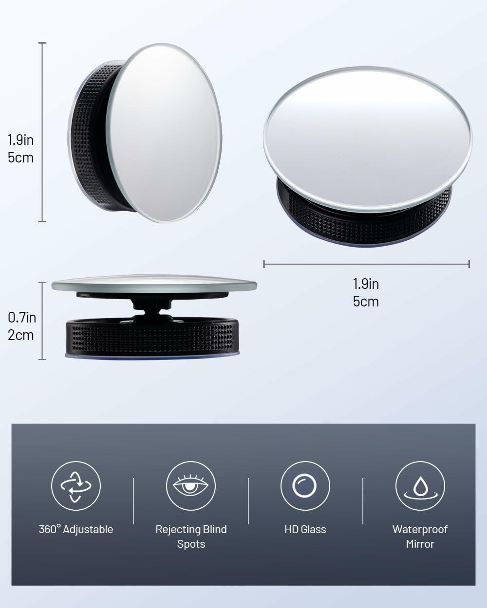 WildAuto Blind Spot Mirrors 2 Pack Round Frameless HD Glass Black 2"