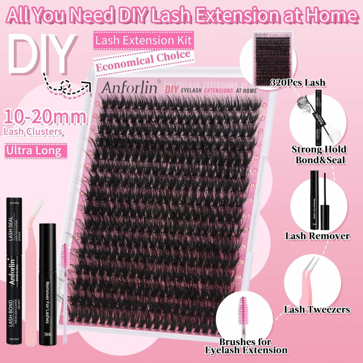 Anforlin Fluffy Lash Clusters 60D D Curl 14-22mm 280 PCS Black