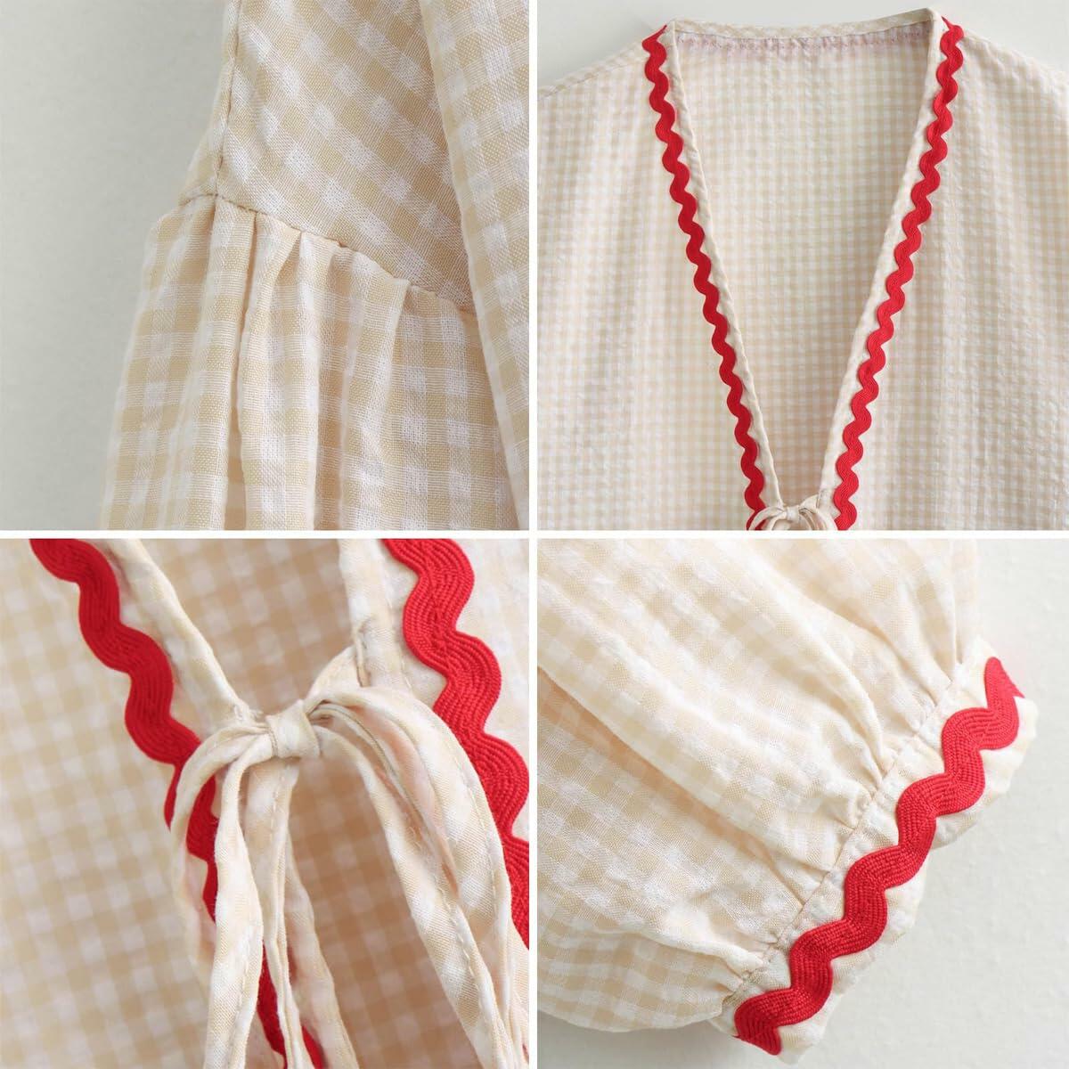 MANGMAO Gingham Babydoll Tie Front Puff Sleeve Top Khaki Size S