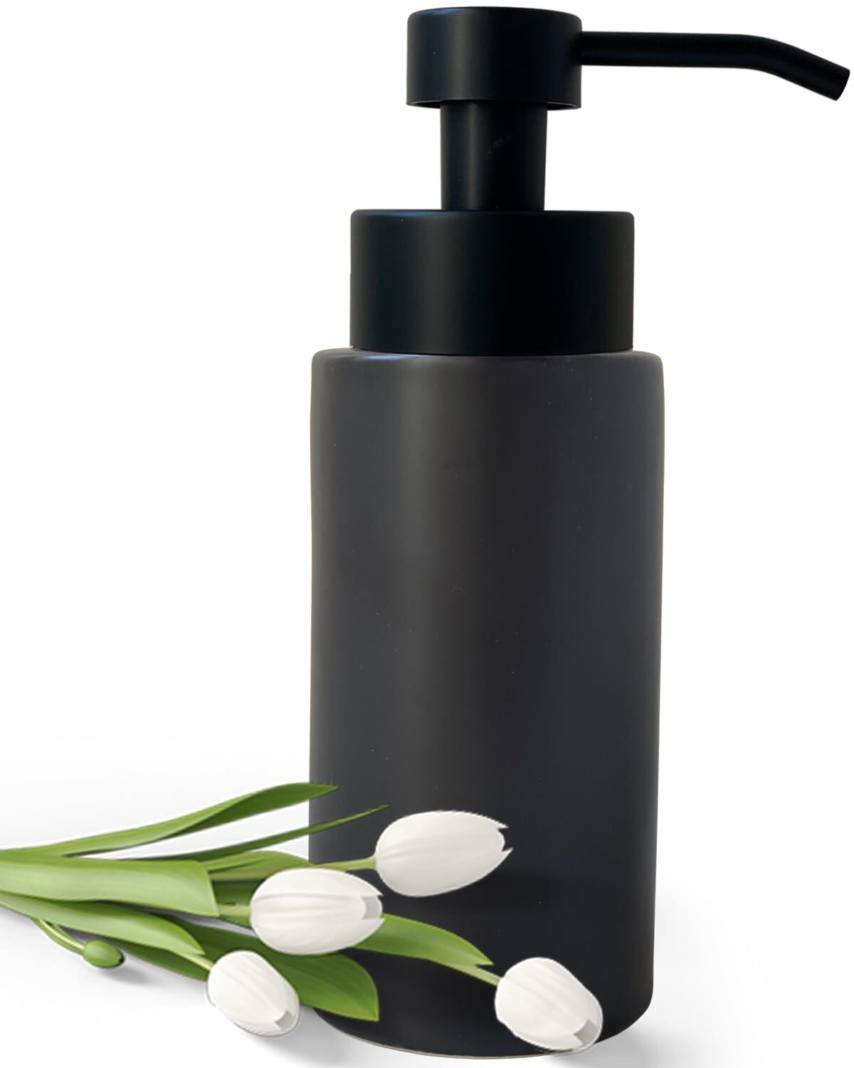 UNBONSOUHAIT 11.5 Oz Black Stripe Ceramic Foaming Soap Dispenser Refillable