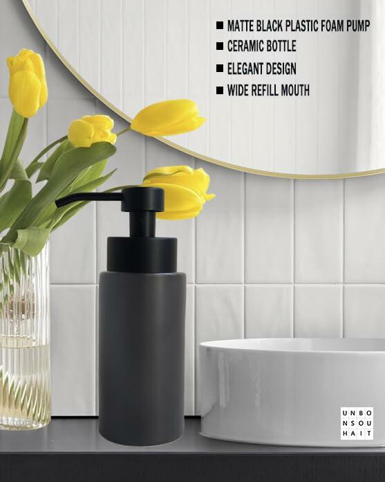 UNBONSOUHAIT 11.5 Oz Black Stripe Ceramic Foaming Soap Dispenser Refillable