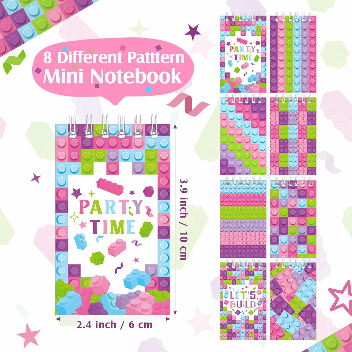 PerKoop Pink Building Block Mini Spiral Notepads 24 Pieces Kids Party Favor