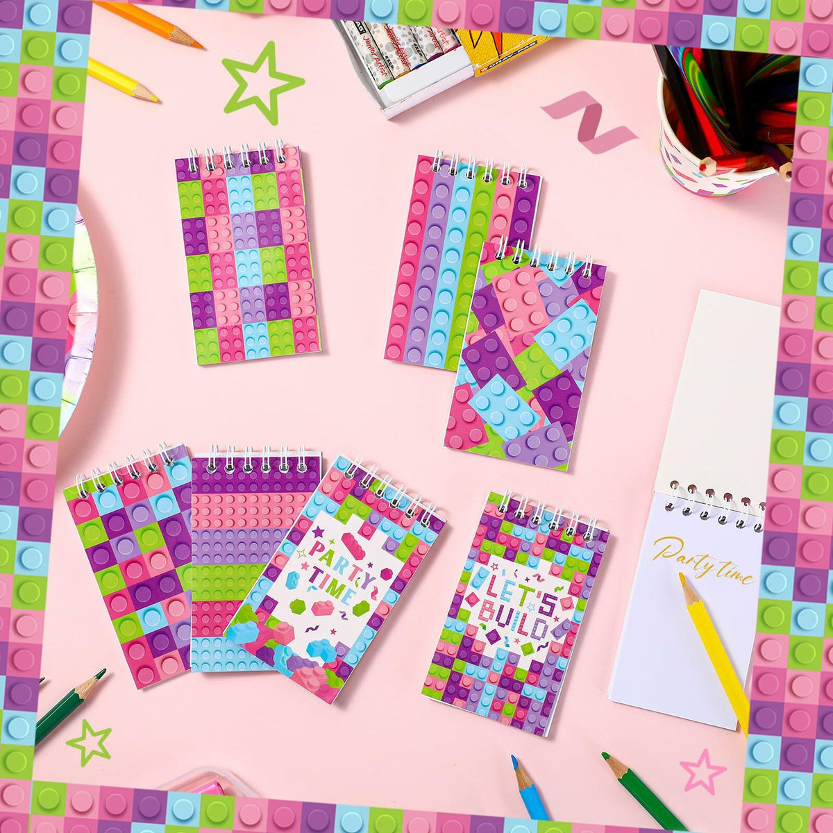 PerKoop Pink Building Block Mini Spiral Notepads 24 Pieces Kids Party Favor