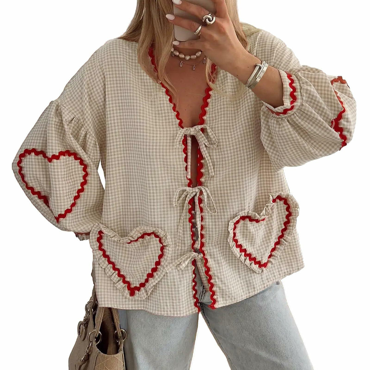 MANGMAO Coquette Tie Front Valentine Shirt Khaki Gingham Long Sleeve Size L