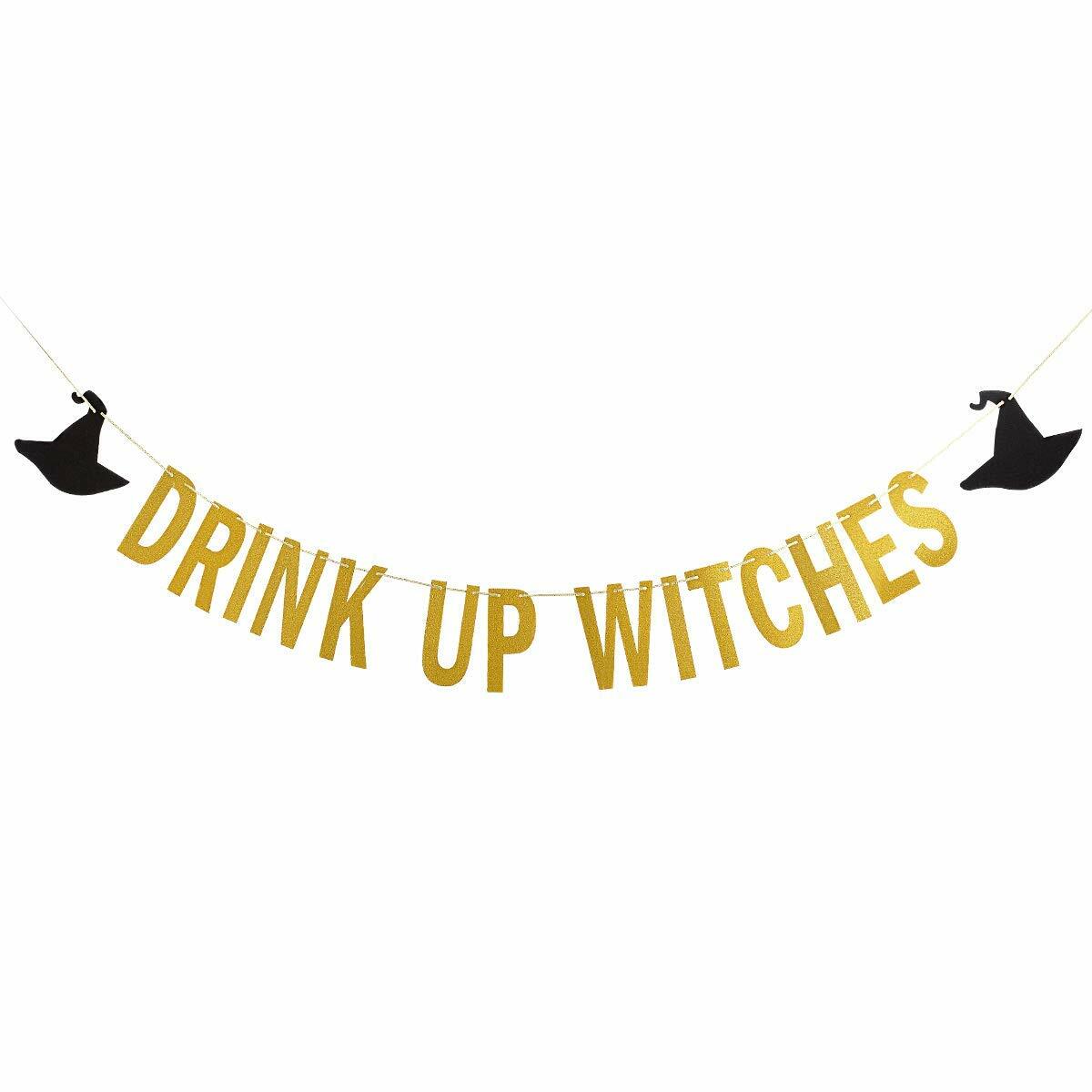 LeeSky Gold Drink Up Witches Banner Halloween Bachelorette Party Decoration