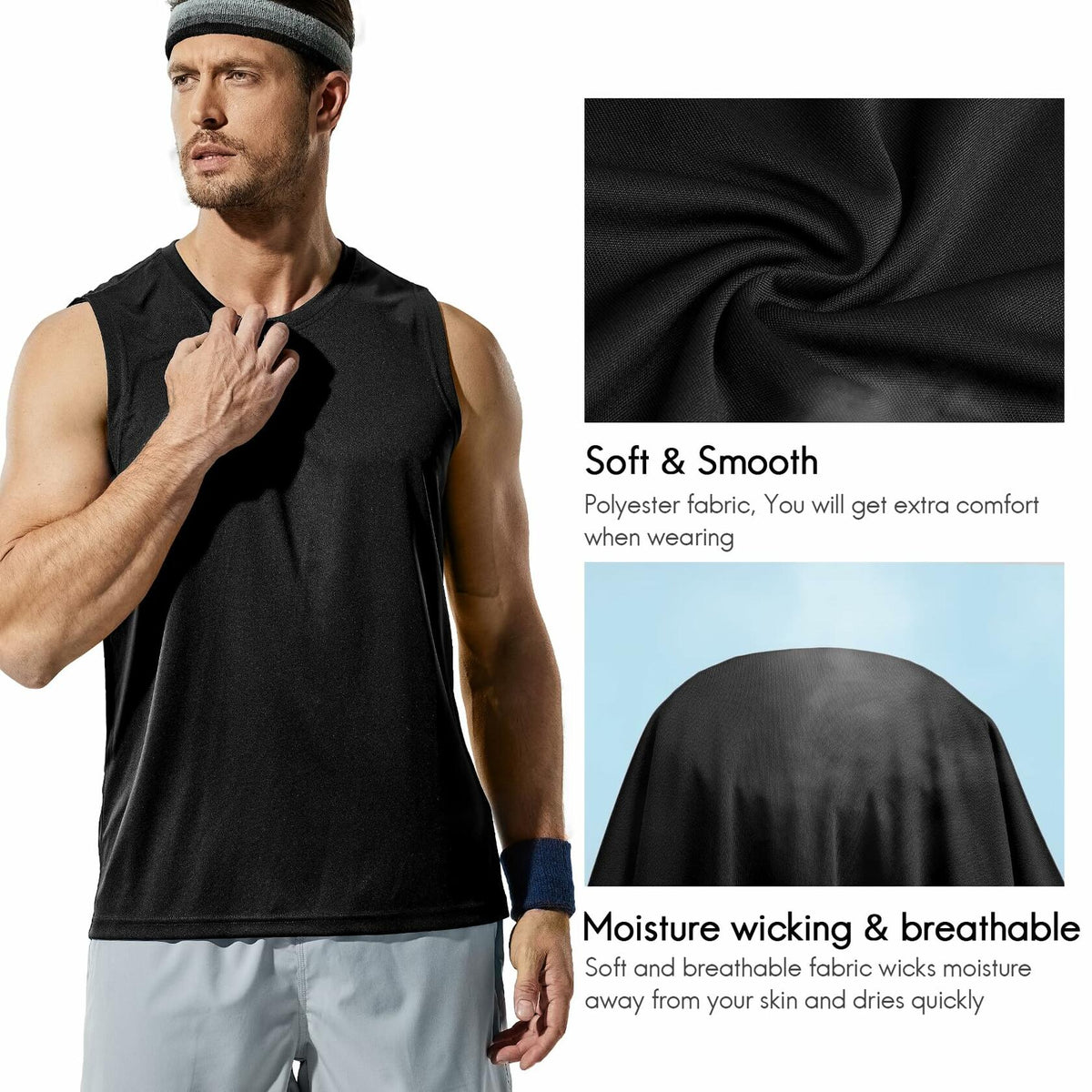 Haimont Mens Sleeveless Workout Gym Tank Shirt UV Muscle Black Size M