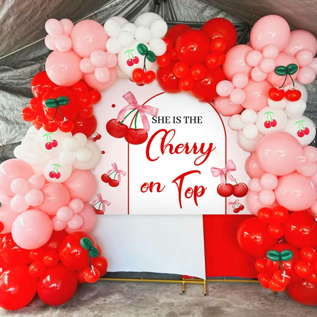 BACH AND BOUJEE She's The Cherry on Top Baby Shower Backdrop Red Balloons