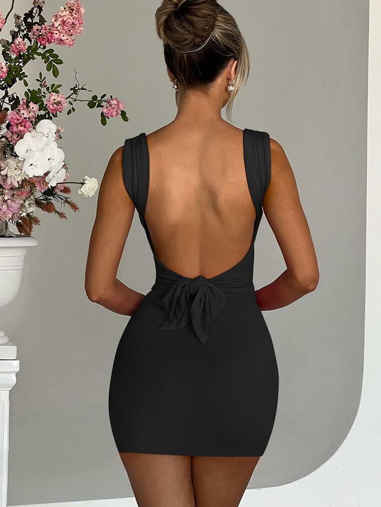 LAGSHIAN Women's Sexy Bodycon Backless Tie Sleeveless Mini Dress Black Size S