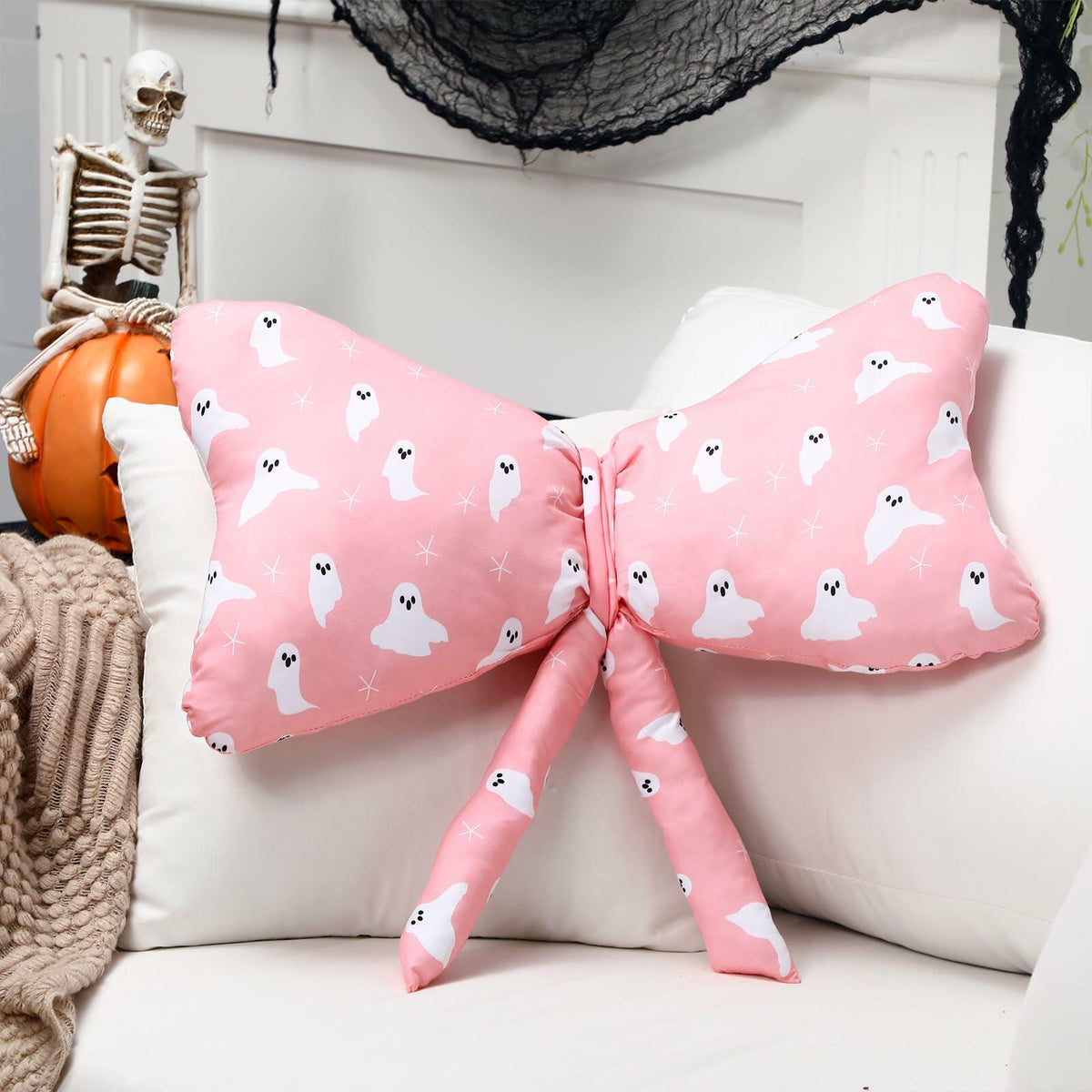 Weysat Pink Halloween Ghost Bow Pillow 13x24 Inch Large Cotton Cushion