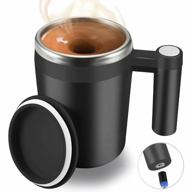 ALARYOD Self Stirring Coffee Mug Stainless Steel Black Automatic Mixing Cup