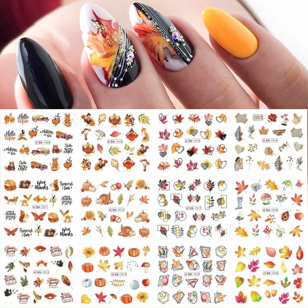 YEFIUO Fall Winter Maple Leaf Pumpkin Nail Art Stickers Water Transfer 12 in 1