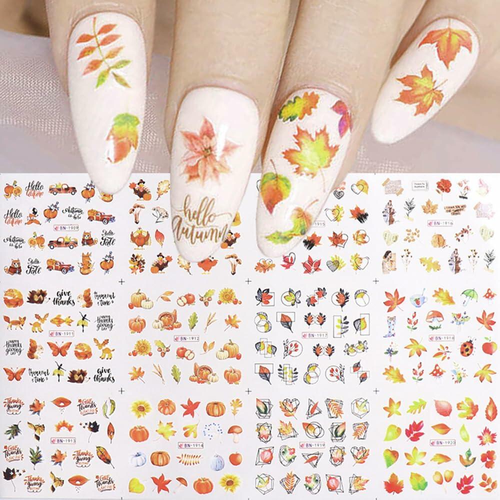 YEFIUO Fall Winter Maple Leaf Pumpkin Nail Art Stickers Water Transfer 12 in 1