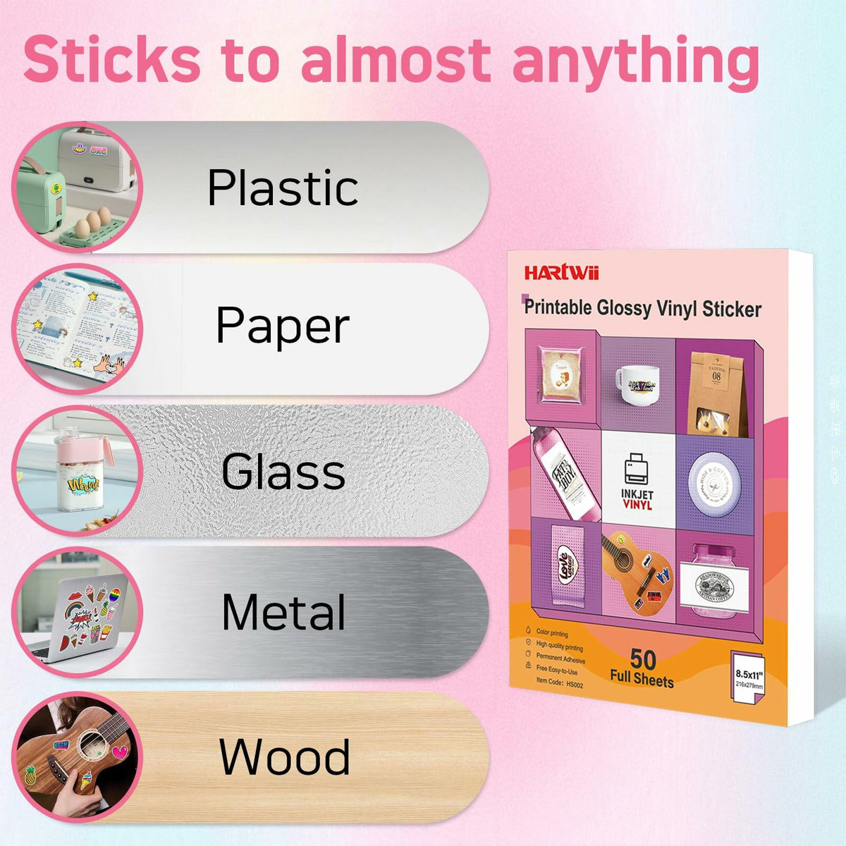 Hartwii Glossy Vinyl Sticker Paper 8.5x11in Letter Size 50 Sheets