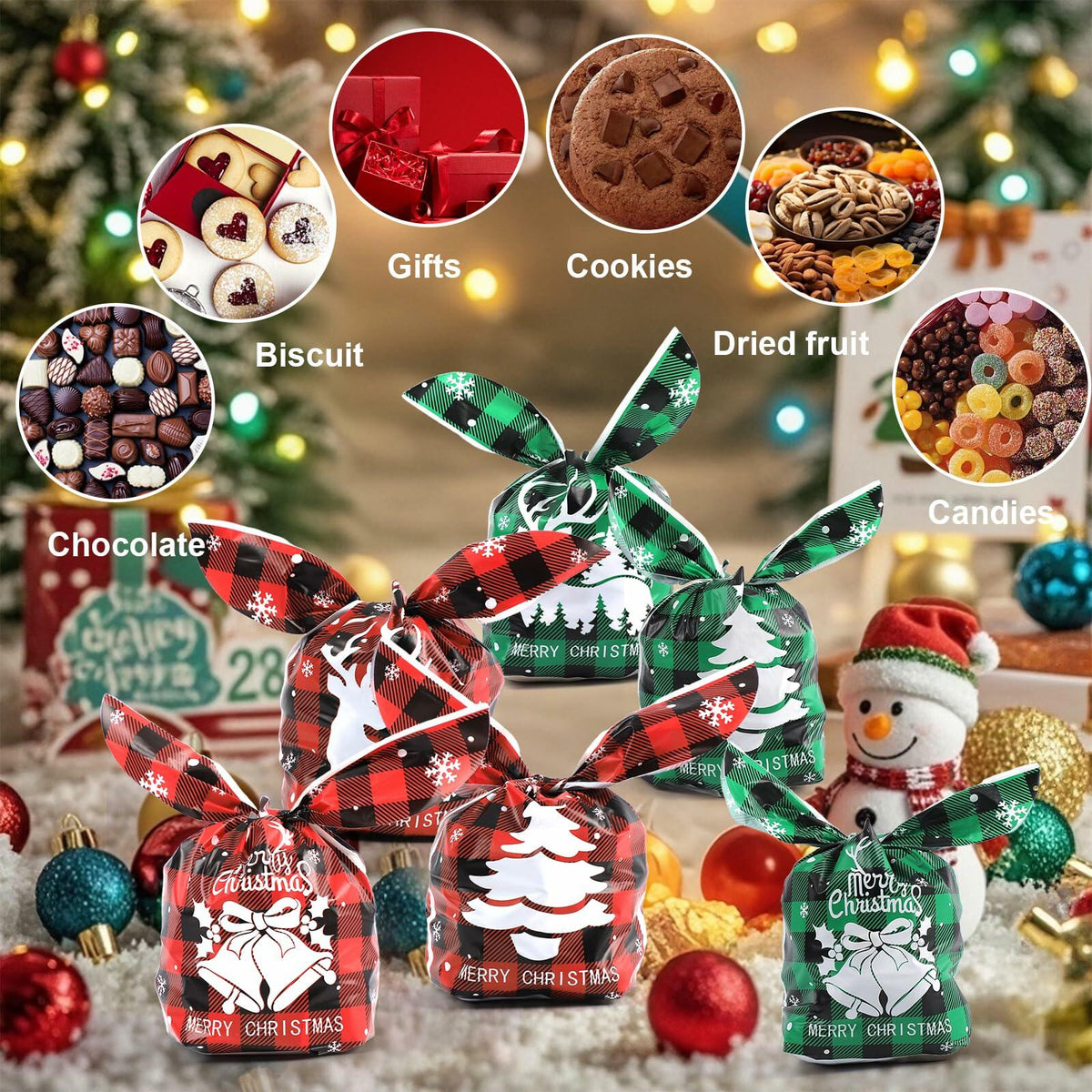 YimeBand 100Pcs Christmas Goodies Gift Bags 6 Styles Small Plastic