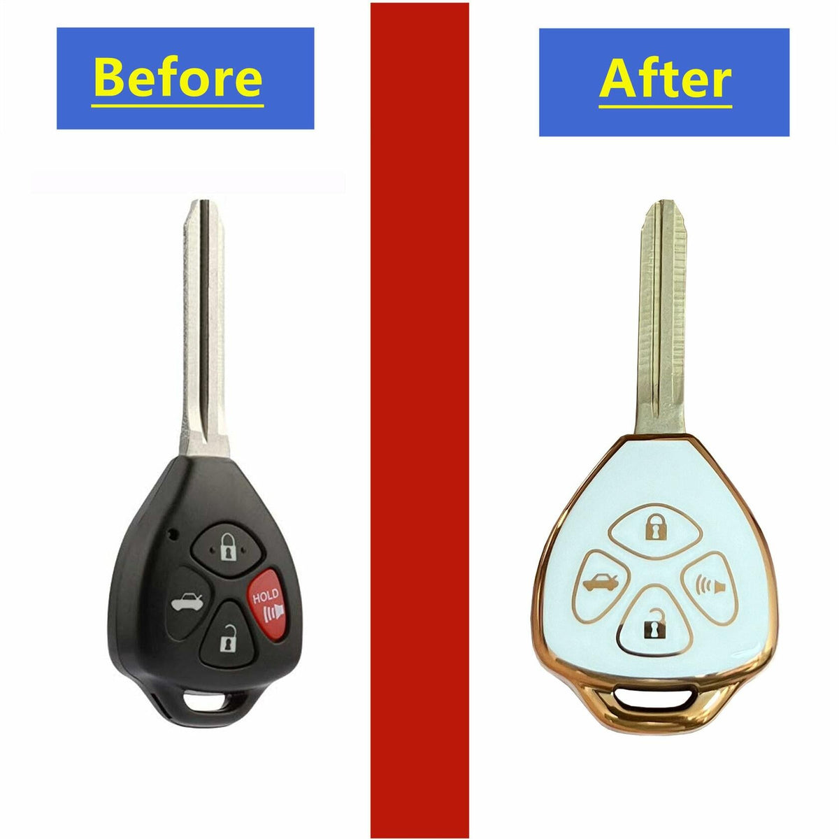 TAPAYICA Toyota Key Fob Cover 4 Buttons White-Gold TPU Shell with Keychain
