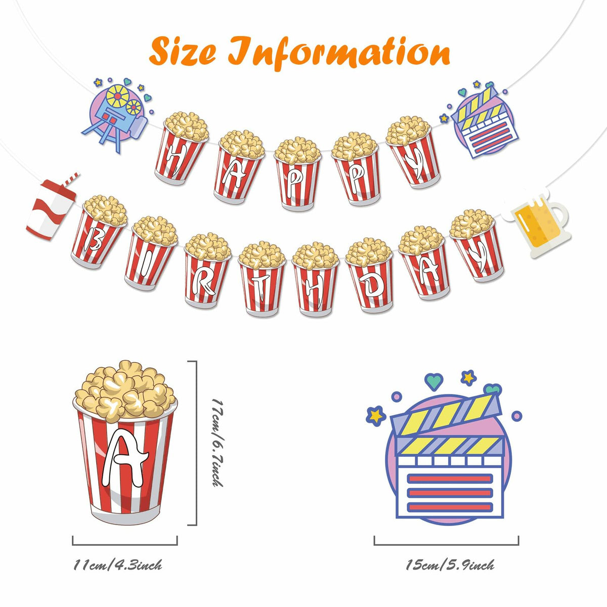 JIVELER Popcorn Happy Birthday Banner Movie Night Theme Multi-color Garland