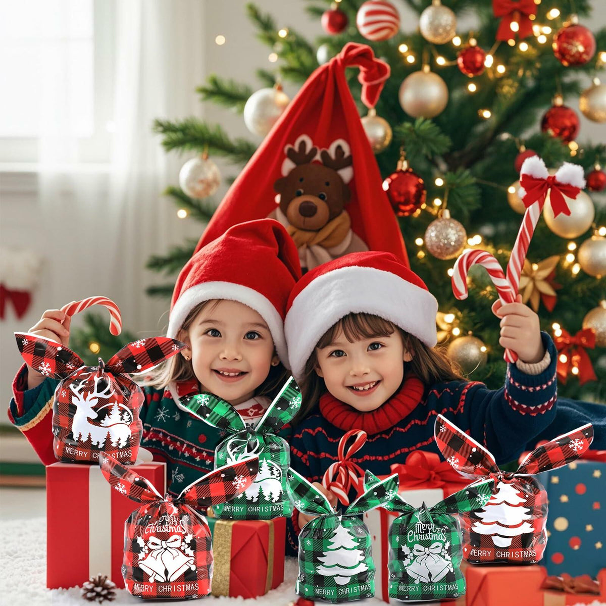 YimeBand 100Pcs Christmas Goodies Gift Bags 6 Styles Small Plastic