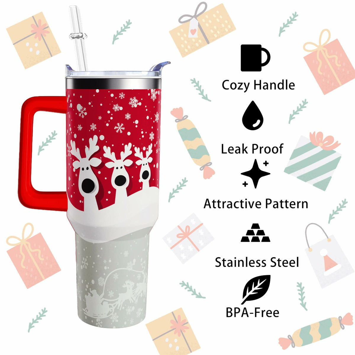 aiwkjdns 40oz Stainless Steel Merry Christmas Tumbler Handle Straw Red Snowman