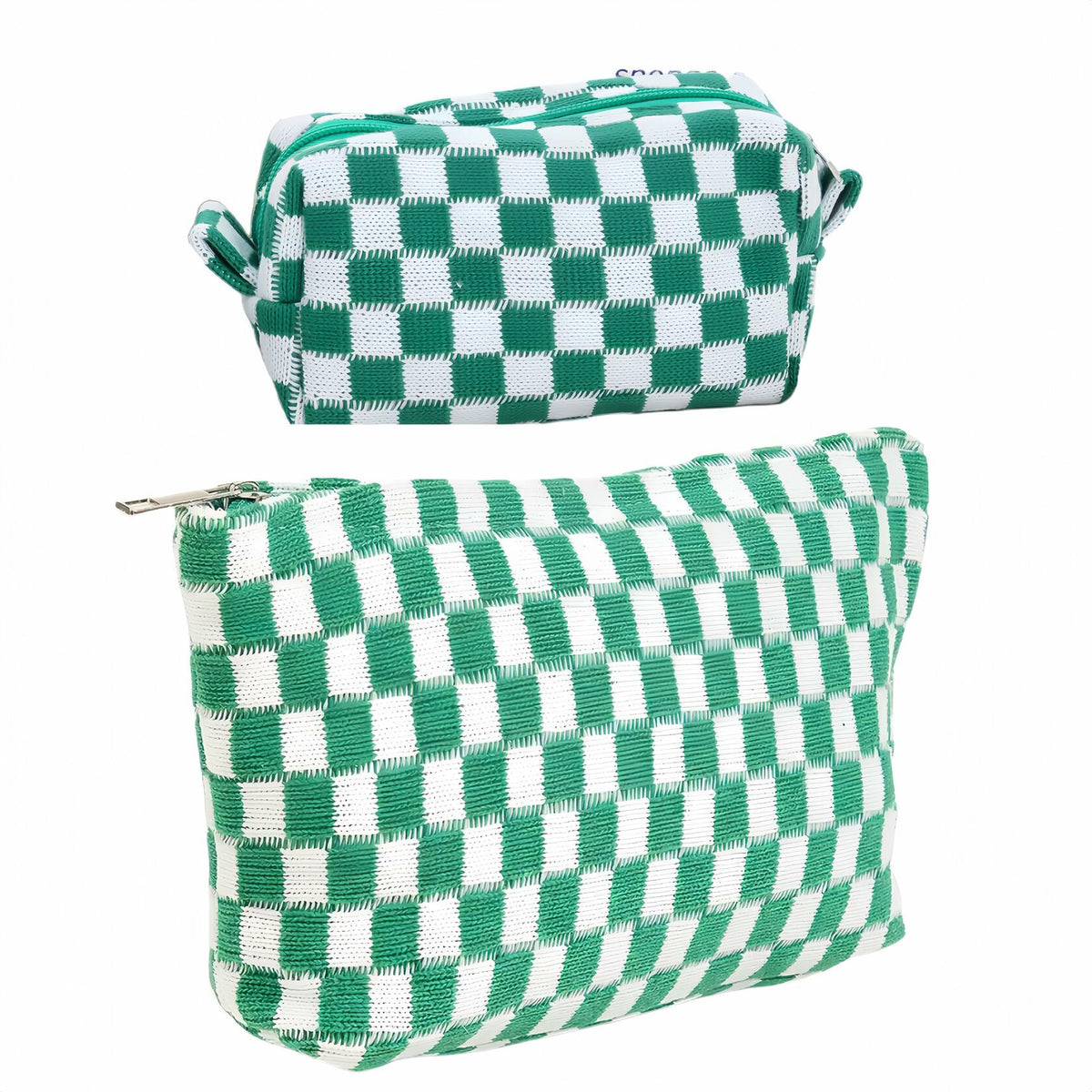 GUTGNK 2-Pack Large Checkered Knitted Makeup Bags Cosmetic Pouch Green White
