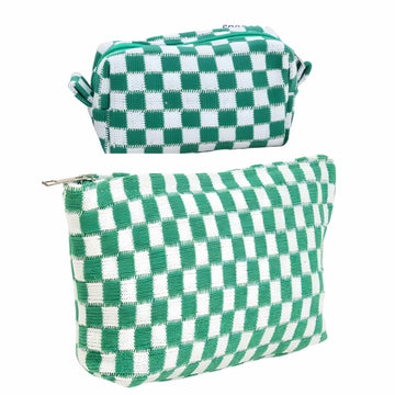 GUTGNK 2-Pack Large Checkered Knitted Makeup Bags Cosmetic Pouch Green White