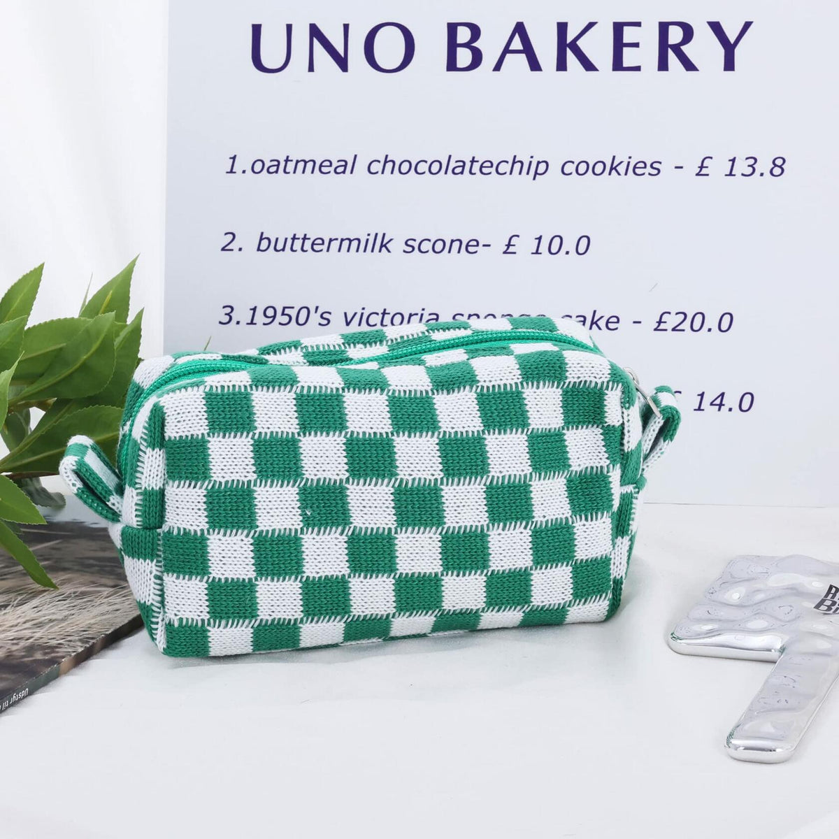GUTGNK 2-Pack Large Checkered Knitted Makeup Bags Cosmetic Pouch Green White