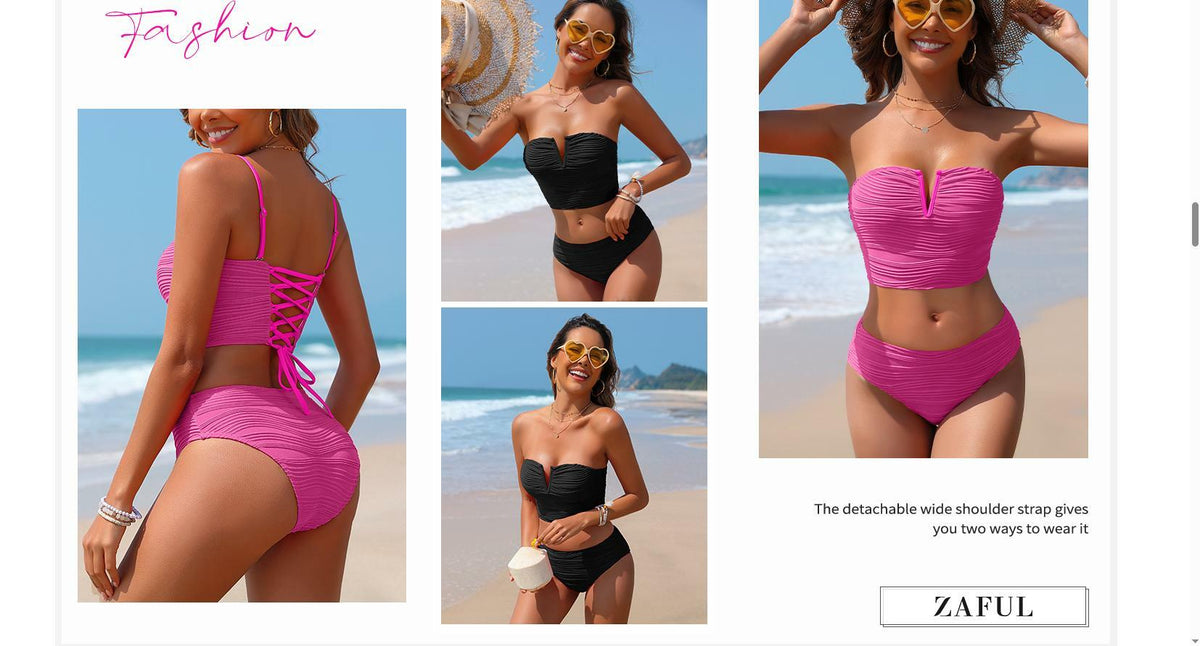 ZAFUL Women's Strapless High Waisted Push Up Bikini Set Hot Pink Size S