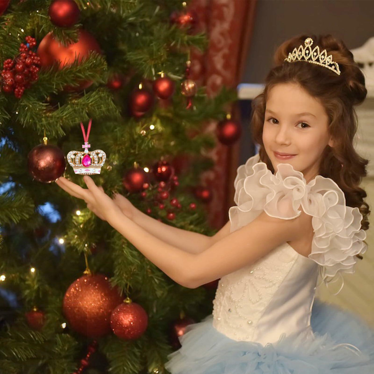 GROWTHMAGIC Pink Metal Crown Christmas Ornaments with Rhinestones Xmas Decor