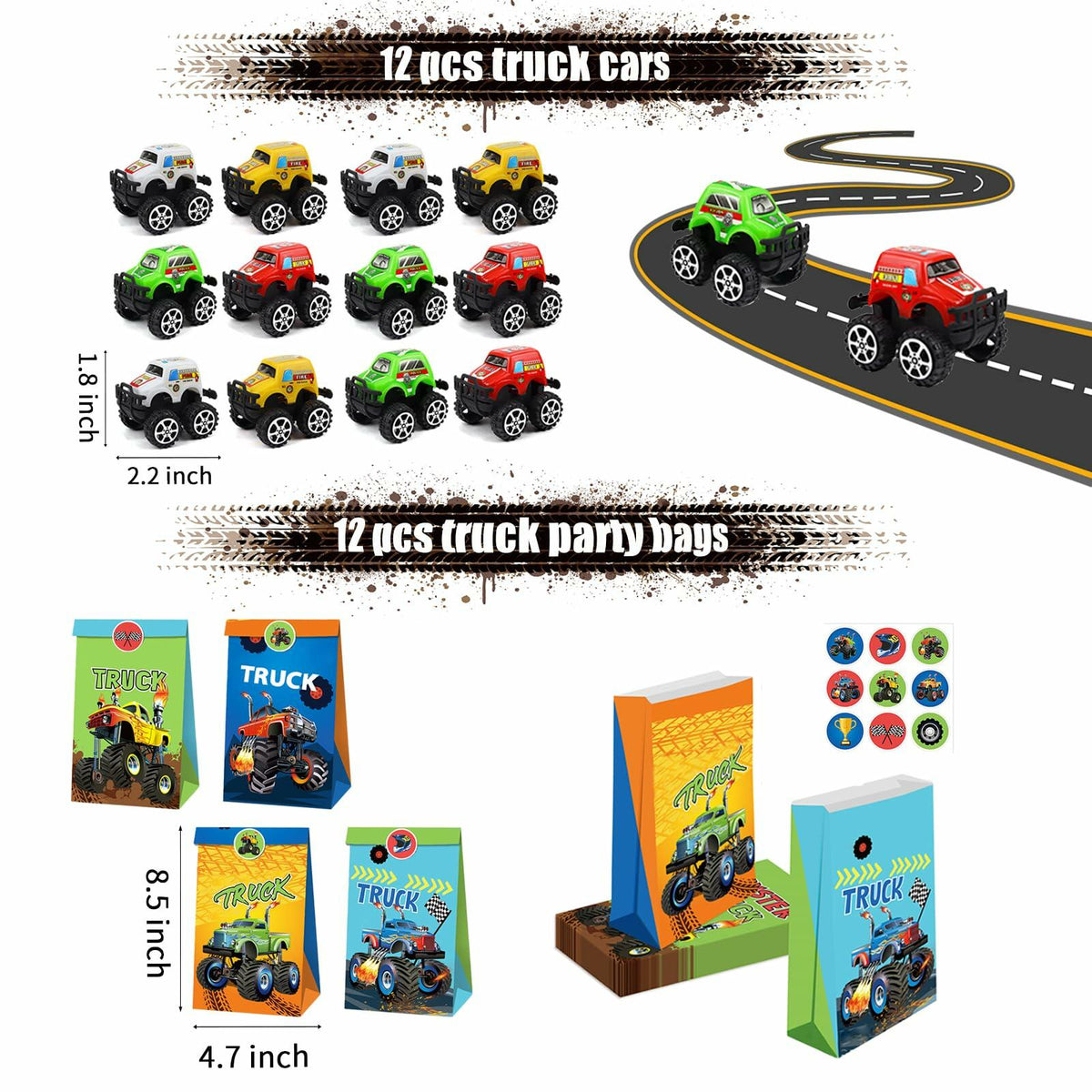 XIPEGPA Truck Party Favors Set - Keychains Slap Bracelets Stickers Straws