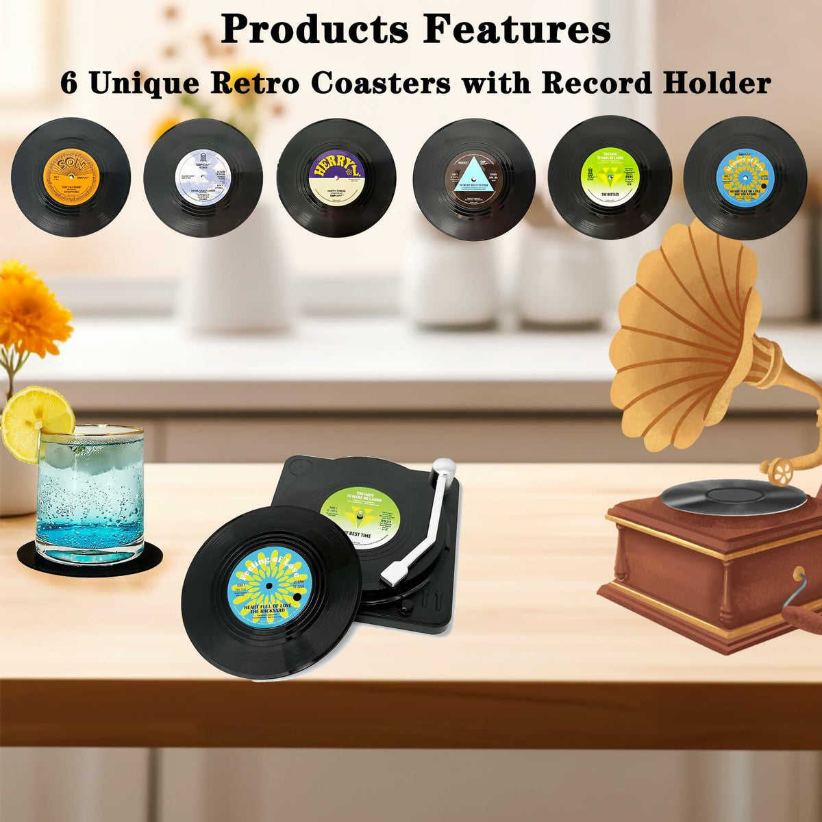 Sufcnire Retro Record Coasters with Vinyl Player Holder Set of 6 M2 Series