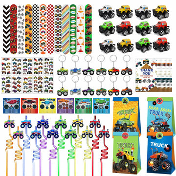 XIPEGPA Truck Party Favors Set - Keychains Slap Bracelets Stickers Straws