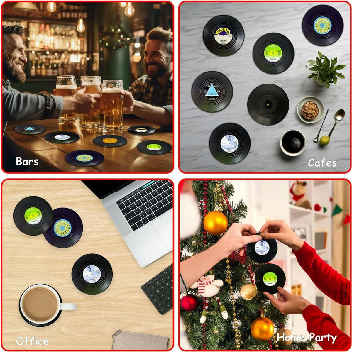 Sufcnire Retro Record Coasters with Vinyl Player Holder Set of 6 M2 Series
