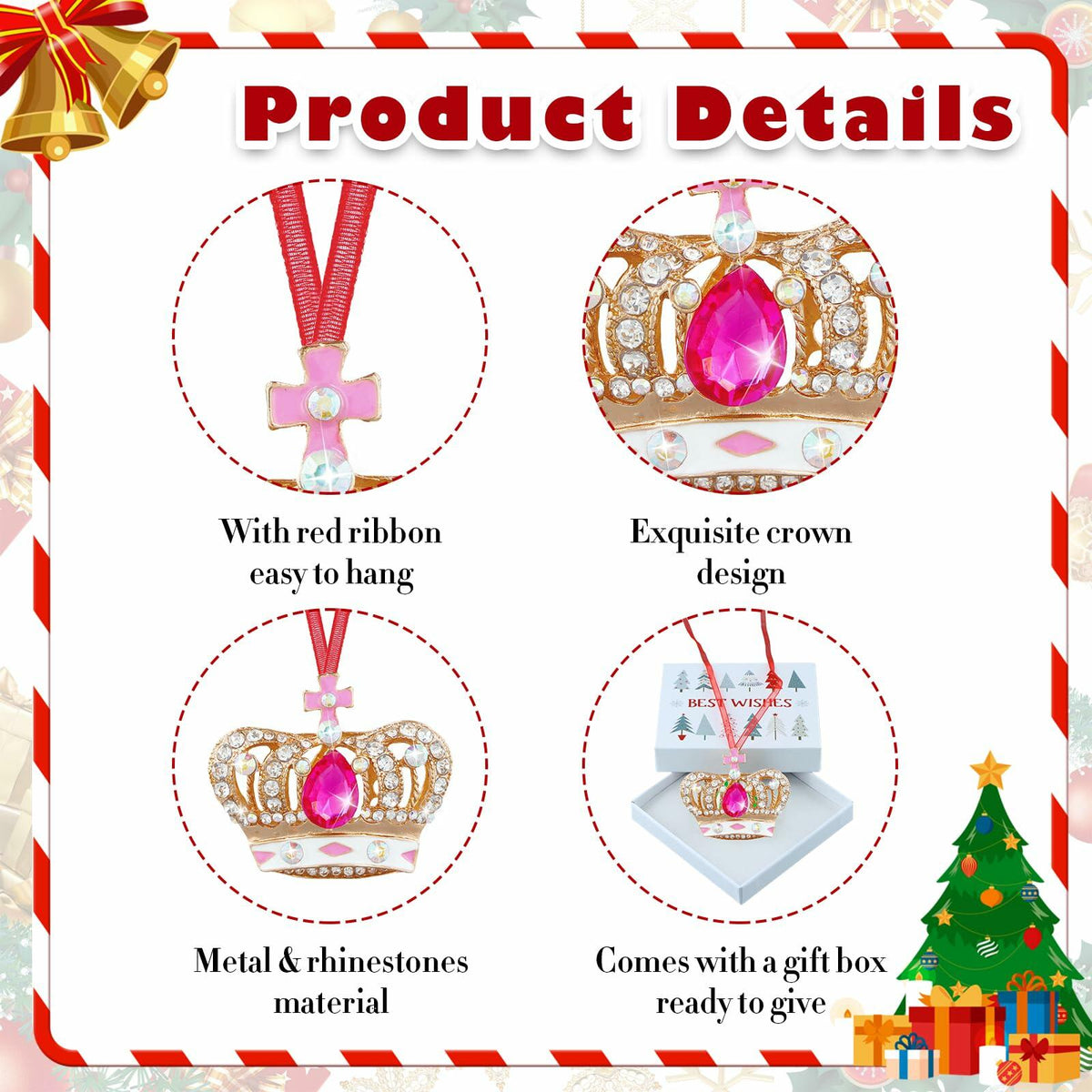 GROWTHMAGIC Pink Metal Crown Christmas Ornaments with Rhinestones Xmas Decor